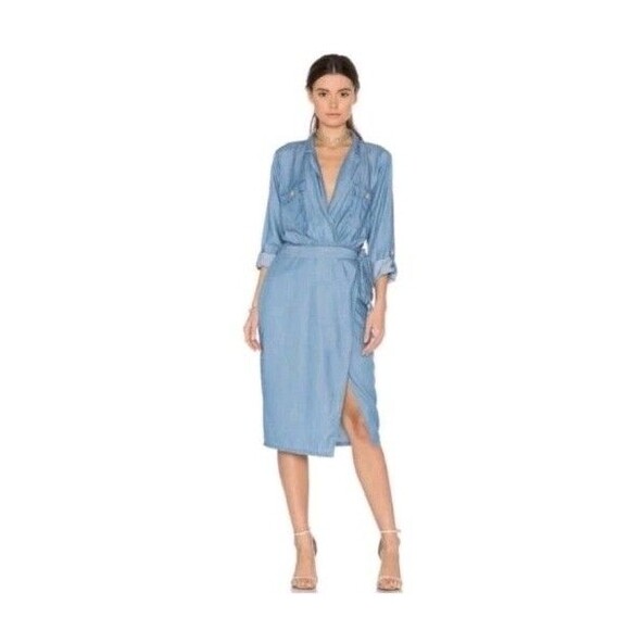Revolve Majorelle Wrap Chambray Roll Tab Long Sleeve Midi Dress Tencel Size S - Picture 1 of 9